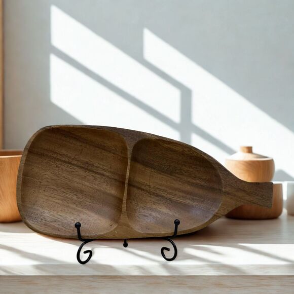 Vintage Hand Carved Monkey Pod Divided Dish 13" Bottle Shape Mid Century Tiki - Picture 2 of 9